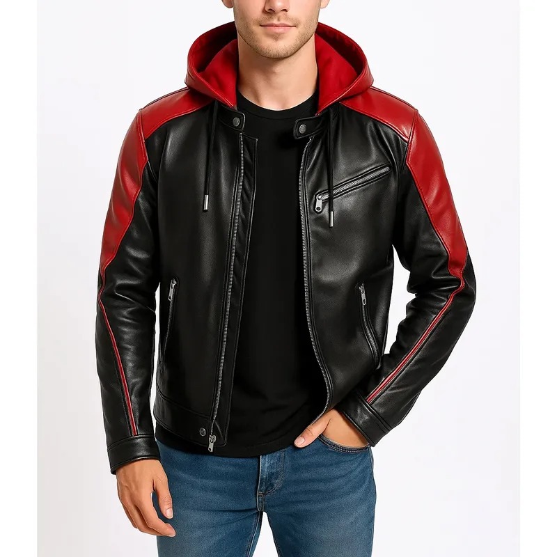 mens-red-black-leather-hooded-biker-jacket