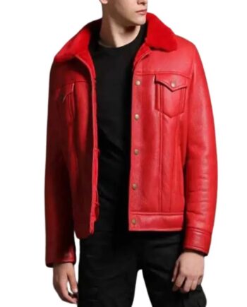Men Trucker Red Shearling Leather Jacket