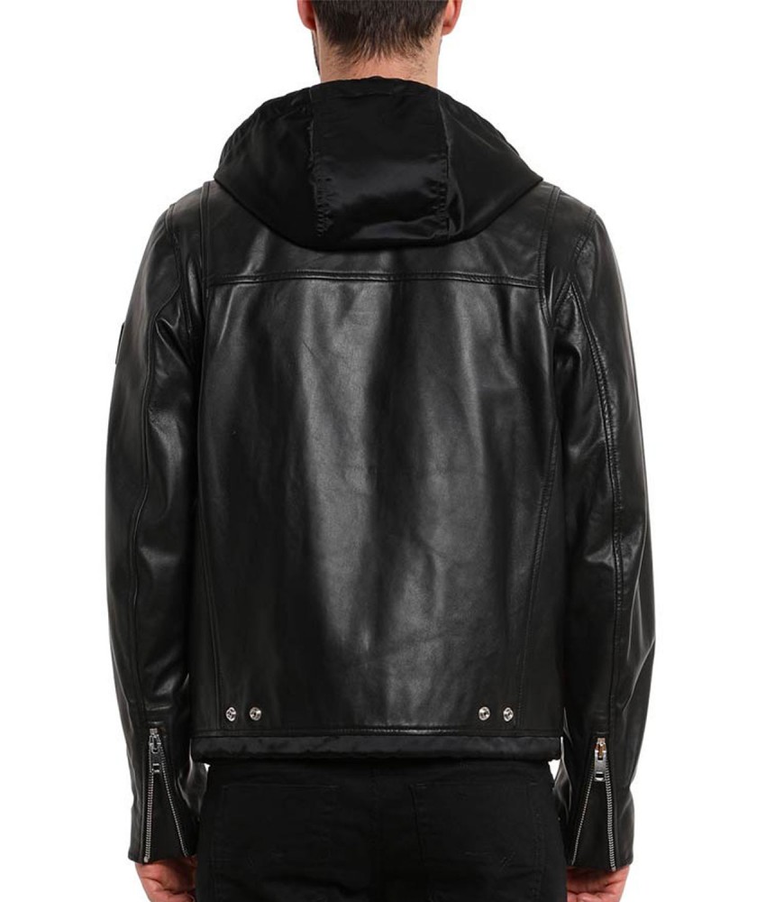 Mens Black Butler Leather Jacket with Hood
