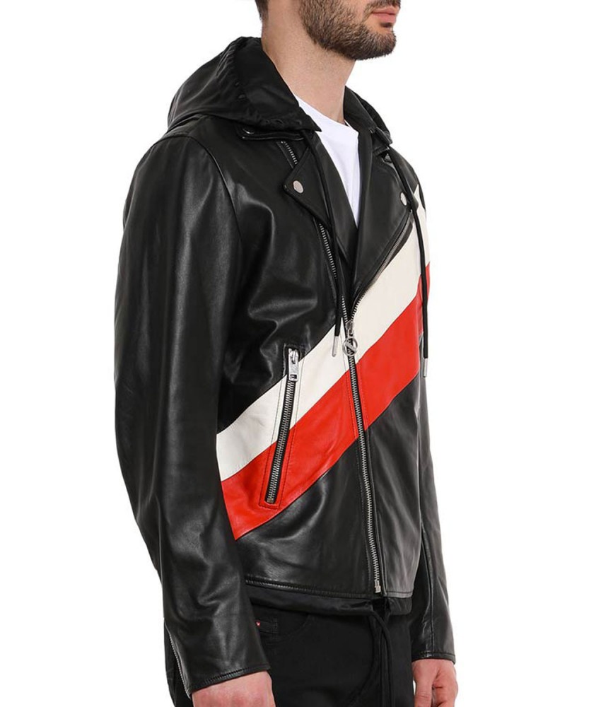 Mens Black Butler Leather Jacket with Hood