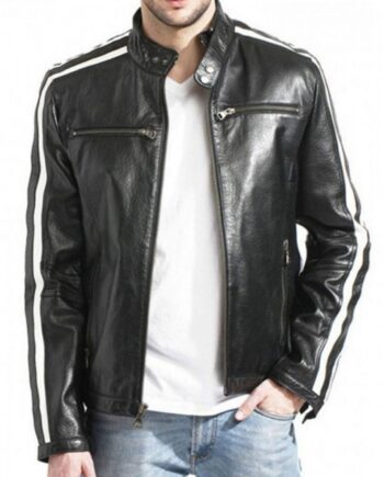 Biker Men’s White Stripes Black Leather Jacket