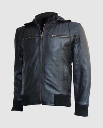 Black Hooded Leather Bomber Jacket