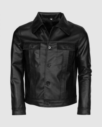 Black Leather Jacket for Men with Folded Collar