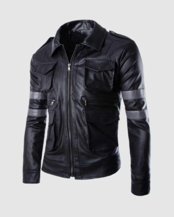 Black Leather Jacket with Grey Stripes