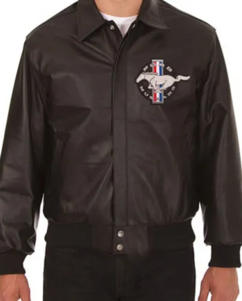 Embroidered Ford Mustang Bomber Black Leather Jacket