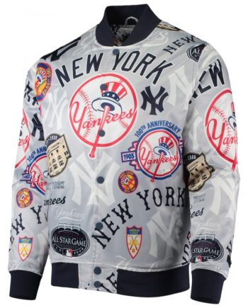 Gray New York Yankees Allover Print Satin Full-Snap Varsity Jacket