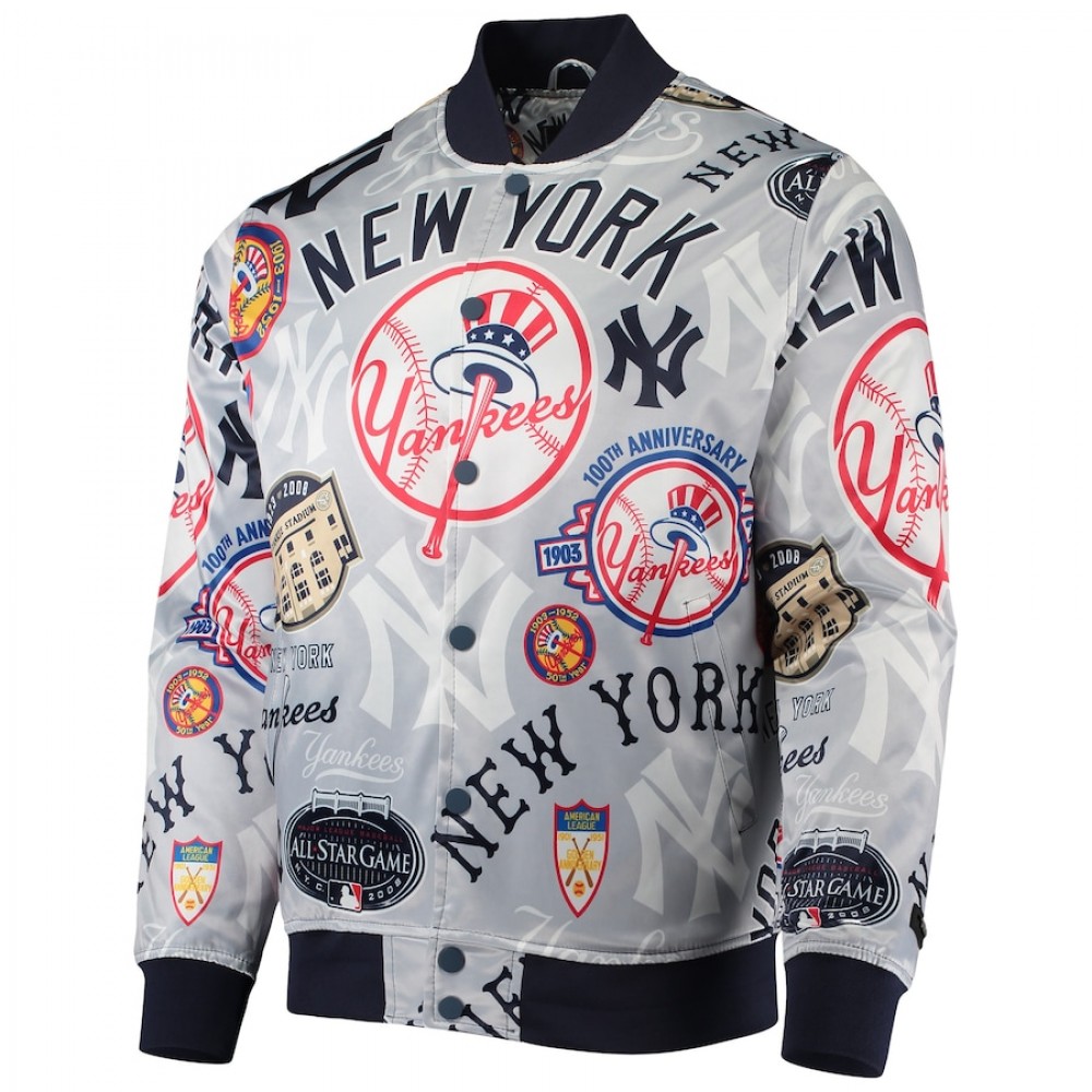 Gray New York Yankees Allover Print Satin Full-Snap Varsity Jacket