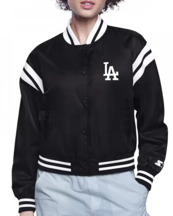 LA Dodgers Printed Logo Black Varsity Satin Jacket