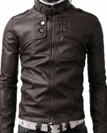 Men’s Belted Buckle Collar Slim Fit Dark Brown Jacket