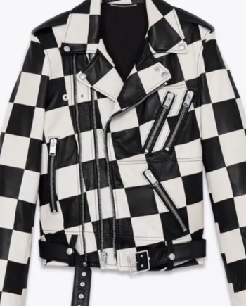 Men’s Biker Asymmetrical Zipper Checkerboard Leather Jacket