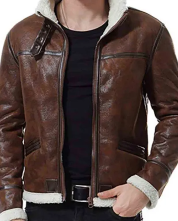 Men’s Biker Shearling Bomber Distressed Brown Leather Jacket