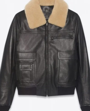 Men’s Black Sheepskin Leather Aviator Jacket with Removable Fur Collar