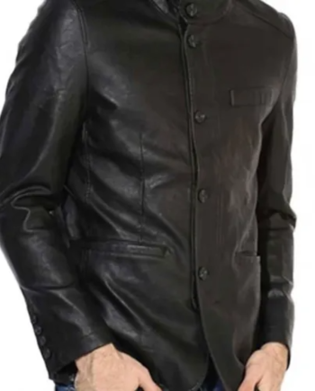 Men’s Button Closure Casual Stand Up Collar Black Leather Blazer