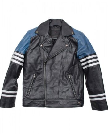 Men’s Classic Black and Blue Striped Leather Biker Jacket