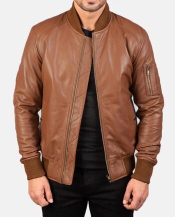 Men’s MA-1 Flight Brown Leather Bomber Jacket