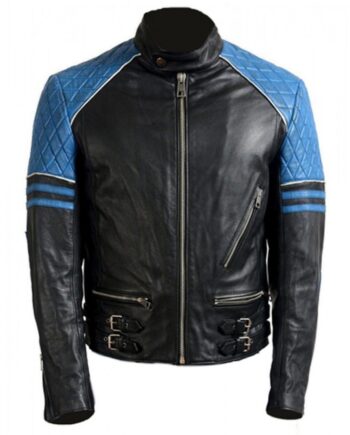 Men’s Quilted Biker Stylish Black and Blue Leather Jacket