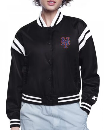 NY Mets Printed Logo Black Varsity Satin Jacket