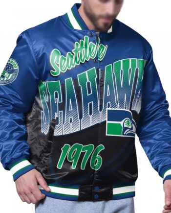 Seattle Seahawks Pass Rush Royal Varsity Satin Jacket