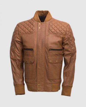 Tan Quilted Bomber Leather Jacket for Men - Abbronzatura