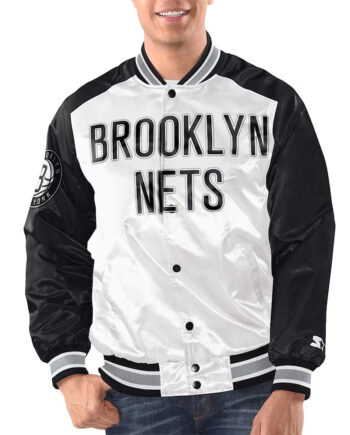 White/Black Brooklyn Nets Renegade Varsity Satin Jacket