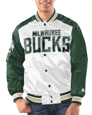White/Hunter Green Milwaukee Bucks Renegade Varsity Satin Jacket