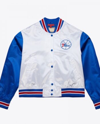 Women’s Philadelphia 76ers Cropped White and Blue Satin Jacket