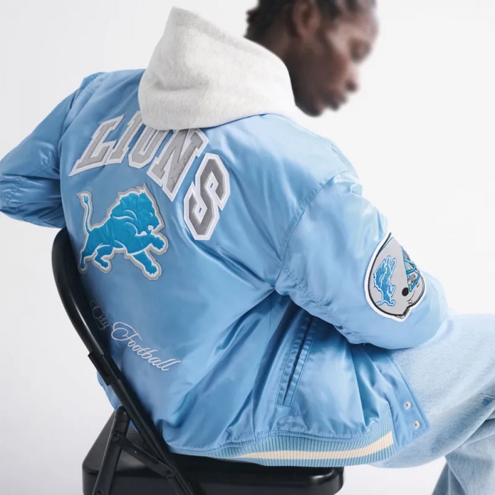 Detroit Lions Light Blue Varsity Bomber Satin Jacket