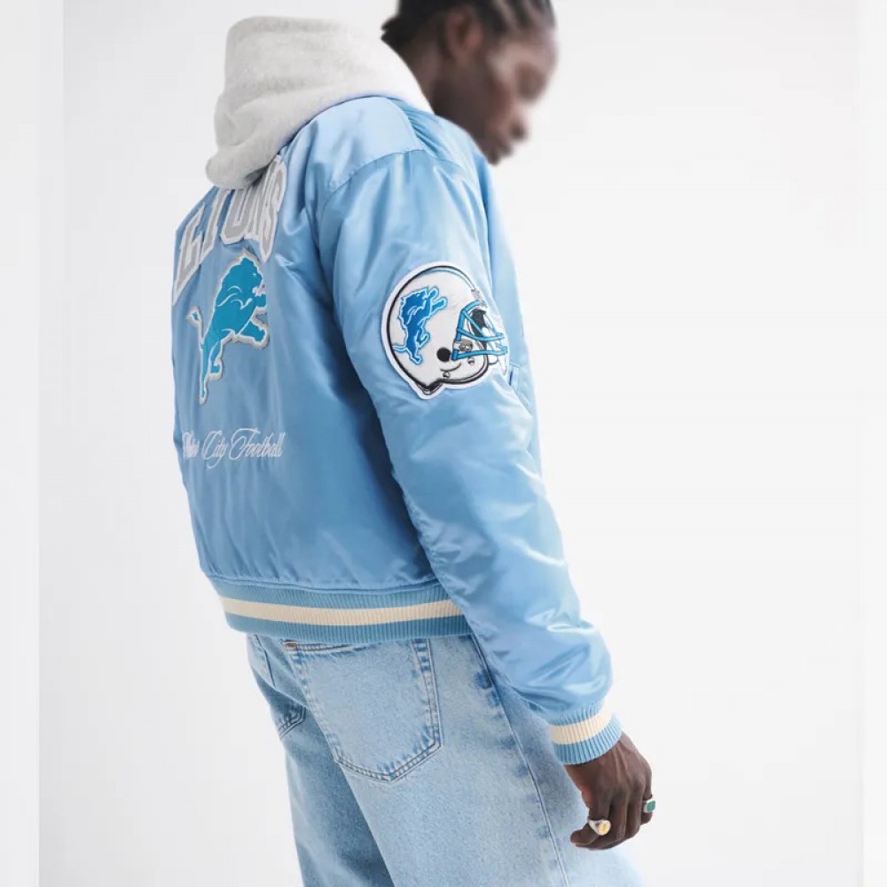 Detroit Lions Light Blue Varsity Bomber Satin Jacket
