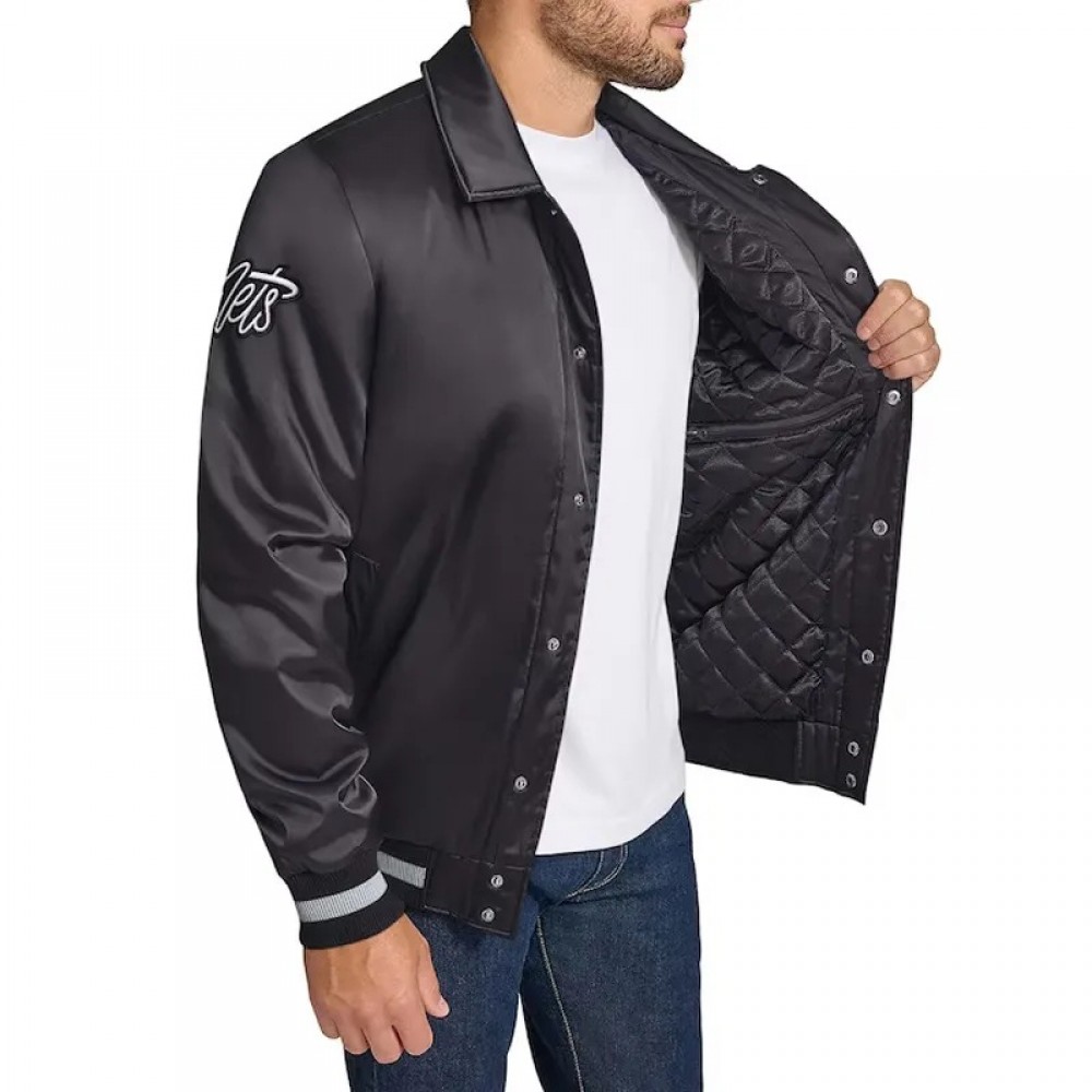 Brooklyn Nets Stitch Applique Black Satin Jacket