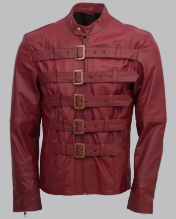 Men Maroon Belted Fashion Leather Jacket