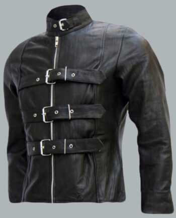 Belted Men's Black Leather Biker Jacket
