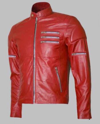 New Men's Silver Zipper Biker Red Leather Jacket