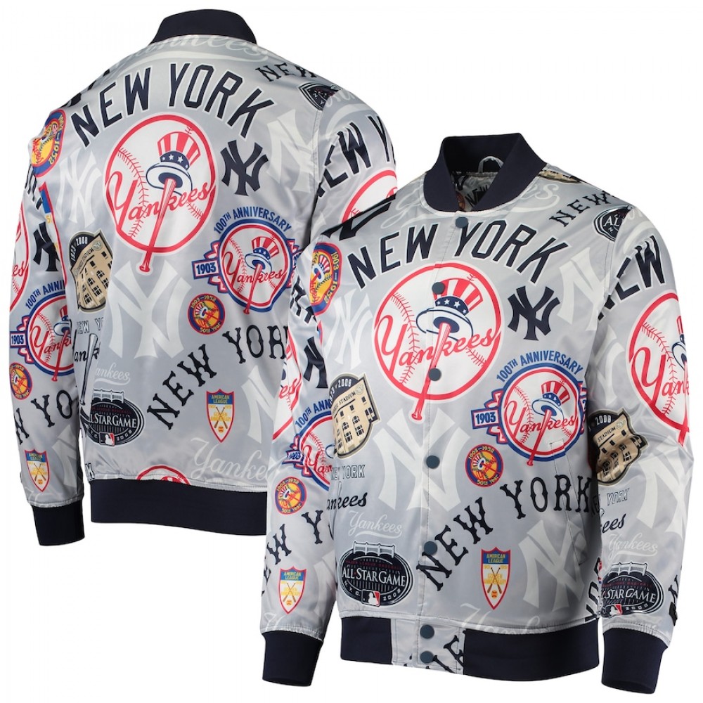 Gray New York Yankees Allover Print Satin Full-Snap Varsity Jacket