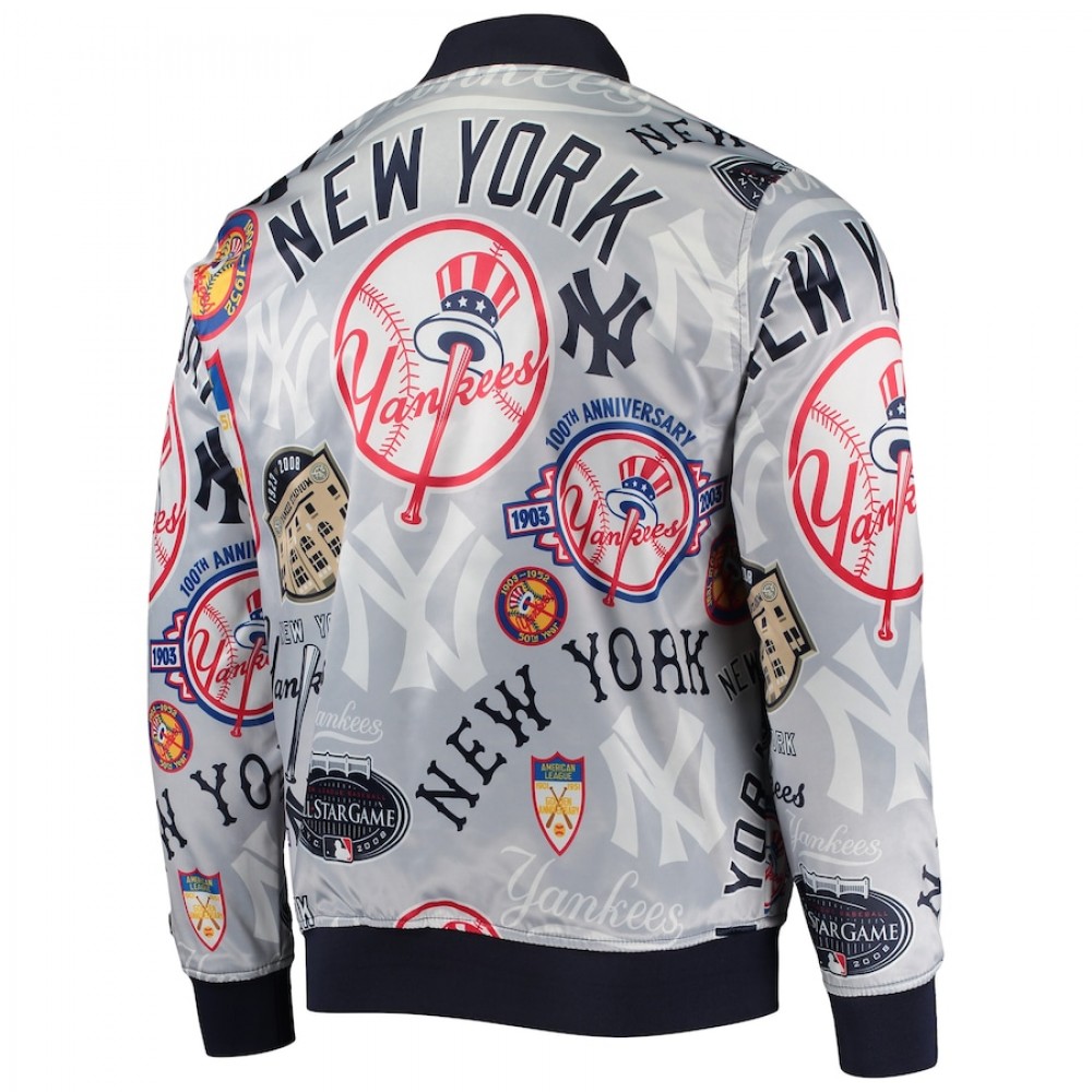 Gray New York Yankees Allover Print Satin Full-Snap Varsity Jacket