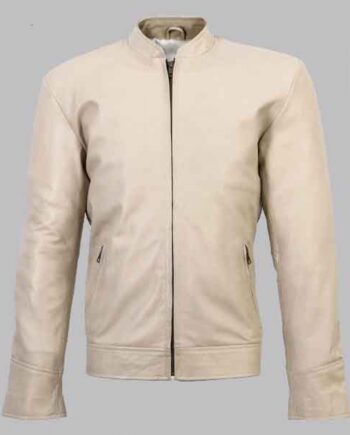 New Men's Baltoro Beige Sheepskin Cafe Racer Jacket