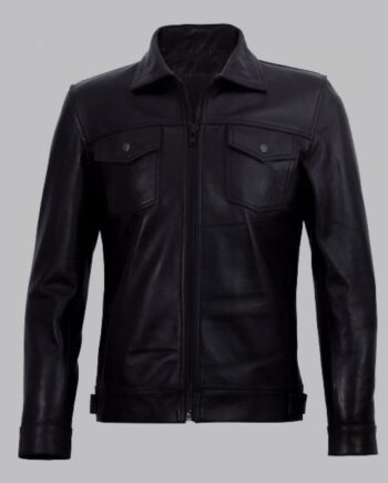 Diran Men Black Classic Leather Jacket with Shirt Collar