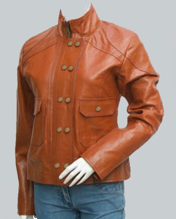 Reefer Look Women Tan Leather Jacket