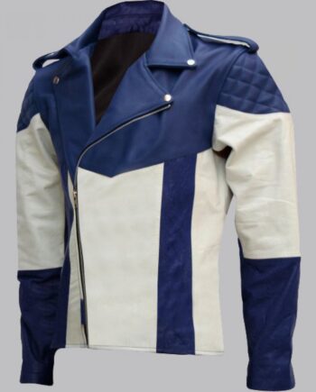 Men Blue and White Biker Leather Jacket