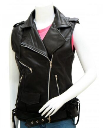 Women's Classical Black Leather Biker Vest