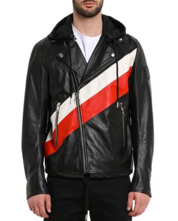 Mens Black Butler Leather Jacket with Hood