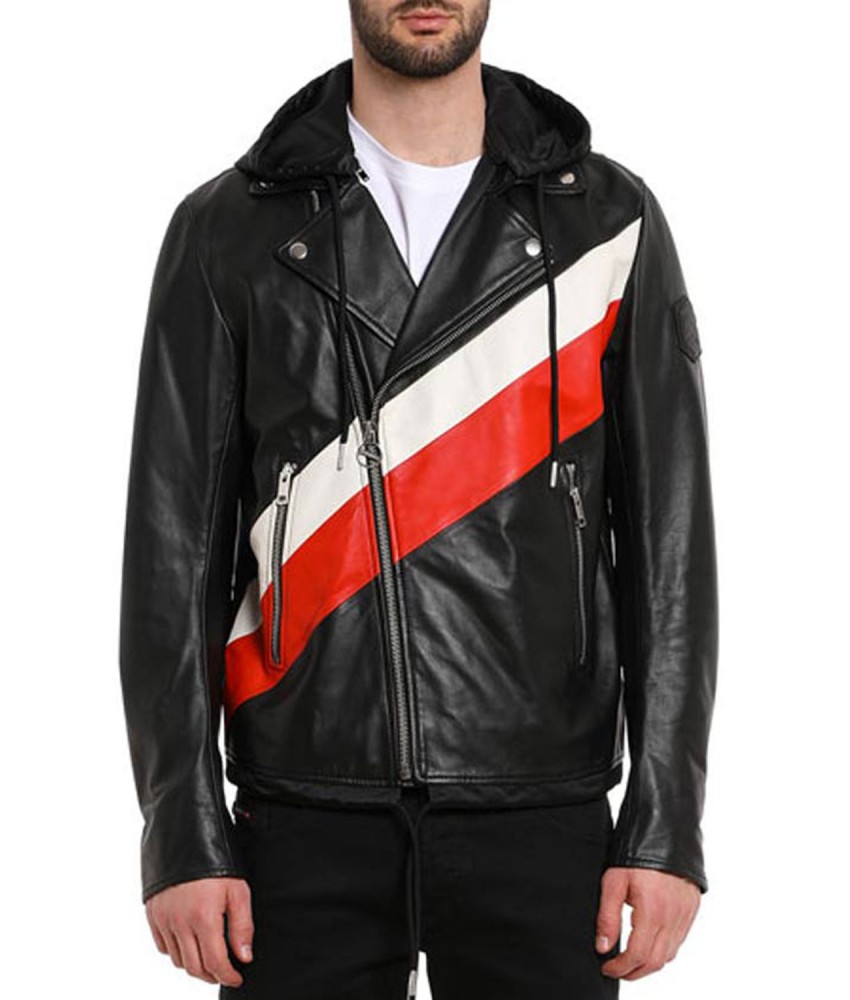 Mens Black Butler Leather Jacket with Hood